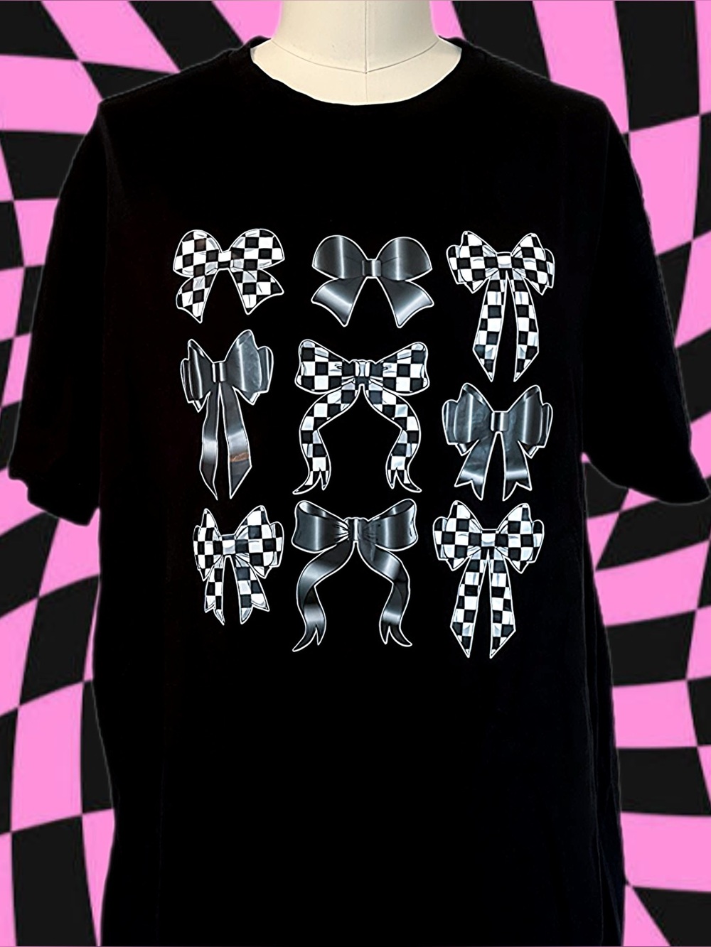 Checkered Bow Print Graphic Tee XL